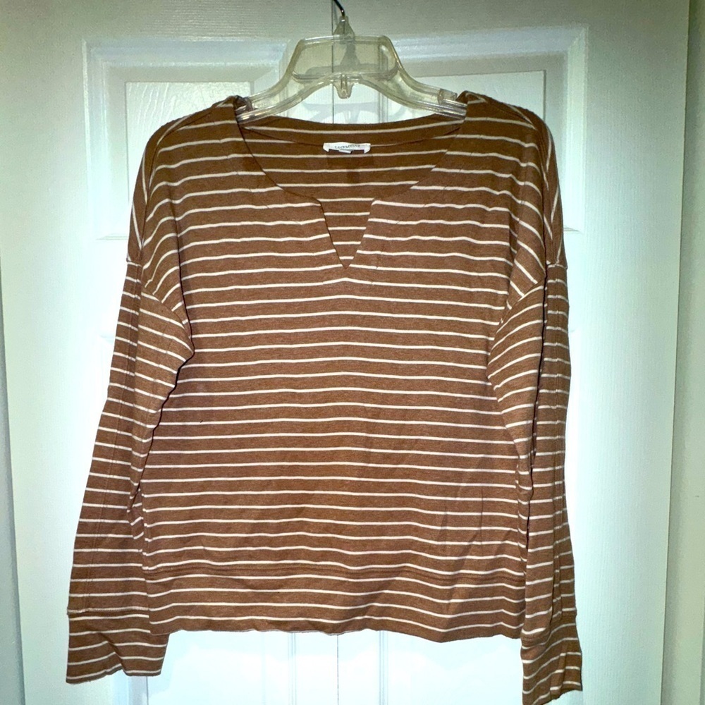 Haven Well Within Dark Tan White Stripe Pullover Sweater Soft Size S. V Neck.